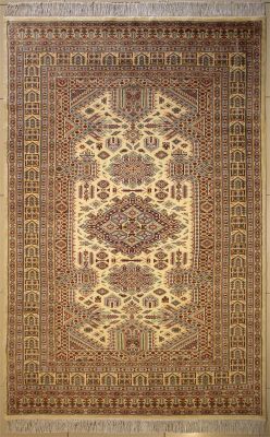 5'4x8'2 Caucasian Design Area Rug with Silk & Wool Pile - Geometric Design | Hand-Knotted in White