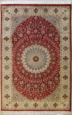 4'6x7'2 Pak Persian High Quality Area Rug with Silk & Wool Pile - Floral Design | Hand-Knotted in Red