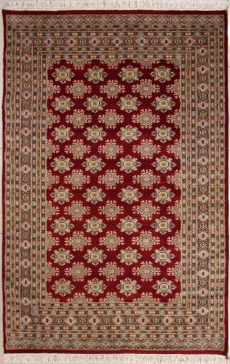 5'2x8'0 Bokhara Jaldar Area Rug with Silk & Wool Pile - Geometric Diamond Design | Hand-Knotted in Red