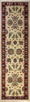 2'7x10'2 Chobi Ziegler Area Rug made using Vegetable dyes with Wool Pile - Floral Design | Hand-Knotted in White