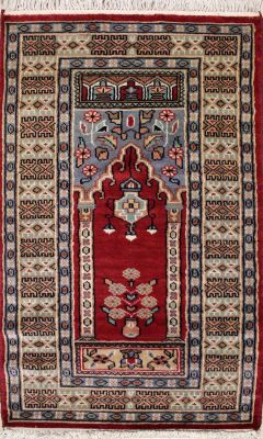 2'2x4'2 Bokhara Jaldar Area Rug with Wool Pile - Prayer Pictorial Design | Hand-Knotted in Red
