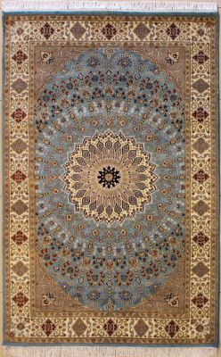 4'6x6'10 Pak Persian High Quality Area Rug with Silk & Wool Pile - Floral Design | Hand-Knotted in Greenish Blue