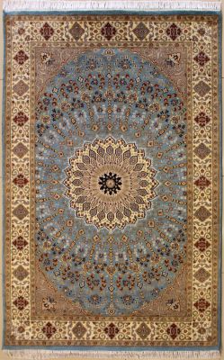 4'6x6'11 Pak Persian High Quality Area Rug with Silk & Wool Pile - Floral Design | Hand-Knotted in Greenish Blue