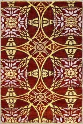 4'0x6'1 Chobi Ziegler Area Rug made using Vegetable dyes with Wool Pile - Geometric Design | Hand-Knotted in Red