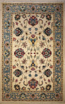 4'7x7'4 Chobi Ziegler Area Rug made using Vegetable dyes with Wool Pile - Floral Design | Hand-Knotted in White