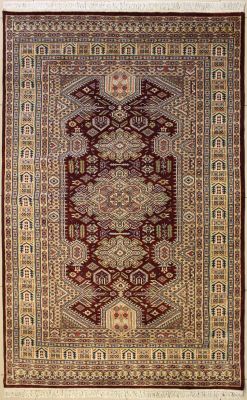 5'1x8'3 Caucasian Design Area Rug with Silk & Wool Pile - Geometric Design | Hand-Knotted in Red