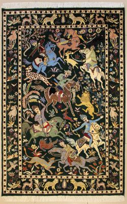 4'7x6'11 Pak Persian High Quality Area Rug with Silk & Wool Pile - Pictorial Hunting Shikargah Design 