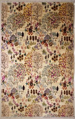 4'6x6'7 Chobi Ziegler Area Rug made using Vegetable dyes with Wool Pile - Floral Design | Hand-Knotted in White