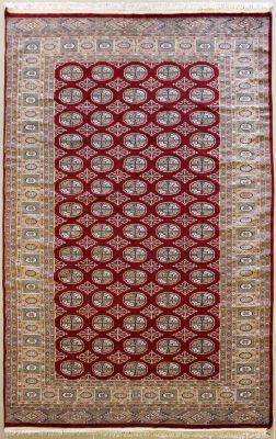 6'0x9'5 Bokhara Jaldar Area Rug with Silk & Wool Pile - Special Mori Bokhara Elephant Foot Design | Hand-Knotted in Red