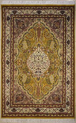 4'7x7'0 Pak Persian High Quality Area Rug with Silk & Wool Pile - Floral Design | Hand-Knotted in Gold