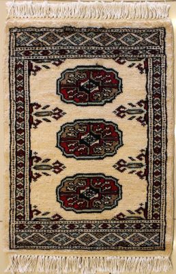 1'5x2'0 Bokhara Jaldar Area Rug with Wool Pile - Special Mori Bokhara Elephant Foot Design | Hand-Knotted in Beige