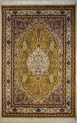 4'7x7'1 Pak Persian High Quality Area Rug with Silk & Wool Pile - Floral Design | Hand-Knotted in Gold