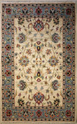 4'7x7'5 Chobi Ziegler Area Rug made using Vegetable dyes with Wool Pile - Floral Design | Hand-Knotted in White