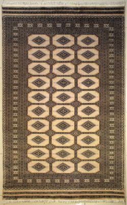 6'0x9'2 Bokhara Jaldar Area Rug with Silk & Wool Pile - Geometric Diamond Design | Hand-Knotted in Beige