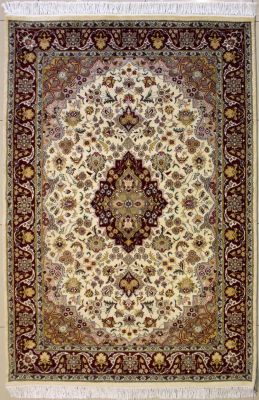4'6x7'2 Pak Persian High Quality Area Rug with Silk & Wool Pile - Floral Medallion Design | Hand-Knotted in White