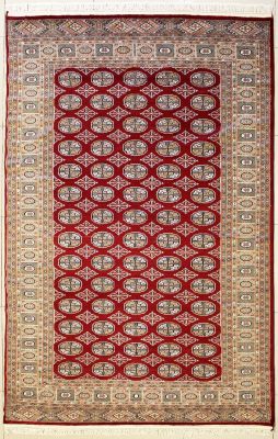 5'11x9'2 Bokhara Jaldar Area Rug with Silk & Wool Pile - Special Mori Bokhara Elephant Foot Design | Hand-Knotted in Red