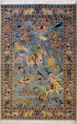 4'7x7'2 Pak Persian High Quality Area Rug with Silk & Wool Pile - Pictorial Hunting Shikargah Design 