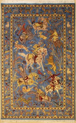 4'7x7'3 Pak Persian High Quality Area Rug with Silk & Wool Pile - Pictorial Hunting Shikargah Design 