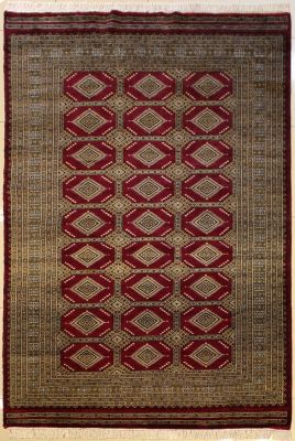 6'2x8'11 Bokhara Jaldar Area Rug with Silk & Wool Pile - Geometric Diamond Design | Hand-Knotted in Red