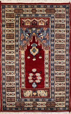 2'0x4'0 Bokhara Jaldar Area Rug with Wool Pile - Prayer Pictorial Design | Hand-Knotted in Red