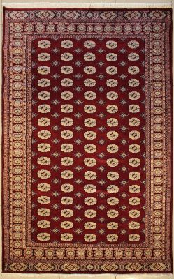 6'0x8'10 Bokhara Jaldar Area Rug with Silk & Wool Pile - Special Mori Bokhara Elephant Foot Design | Hand-Knotted in Red
