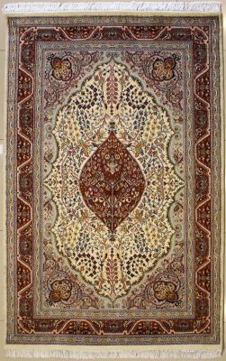 4'7x7'3 Pak Persian High Quality Area Rug with Silk & Wool Pile - Floral Design | Hand-Knotted in White