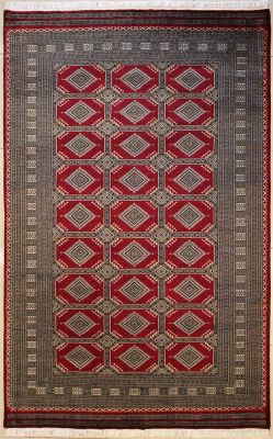 6'3x8'8 Bokhara Jaldar Area Rug with Wool Pile - Geometric Diamond Design | Hand-Knotted in Red