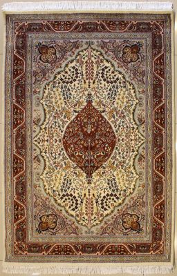 4'6x7'4 Pak Persian High Quality Area Rug with Silk & Wool Pile - Floral Design | Hand-Knotted in White