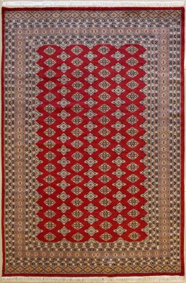 5'11x8'9 Bokhara Jaldar Area Rug with Silk & Wool Pile - Geometric Diamond Design | Hand-Knotted in Red