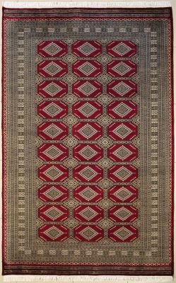 6'2x9'2 Bokhara Jaldar Area Rug with Silk & Wool Pile - Geometric Diamond Design | Hand-Knotted in Red