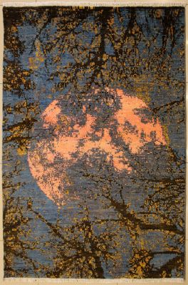 4'5x6'9 Chobi Ziegler Area Rug made using Vegetable dyes with Silk & Wool Pile - Pictorial Design | Hand-Knotted in Greenish Blue
