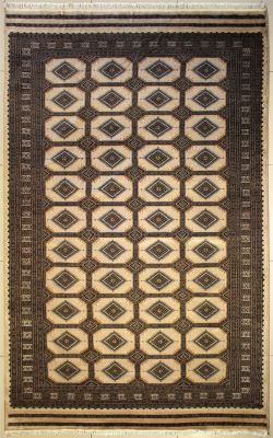 6'1x8'9 Bokhara Jaldar Area Rug with Silk & Wool Pile - Geometric Diamond Design | Hand-Knotted in Beige