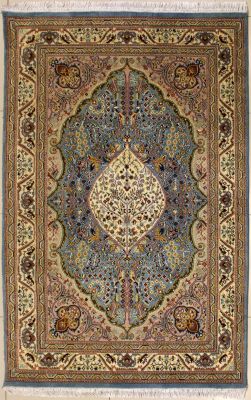 4'7x7'3 Pak Persian High Quality Area Rug with Silk & Wool Pile - Floral Design | Hand-Knotted in Greenish Blue