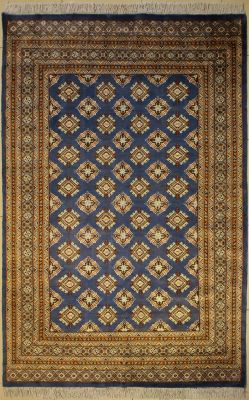 6'0x8'9 Bokhara Jaldar Area Rug with Silk & Wool Pile - Geometric Diamond Design | Hand-Knotted in Greenish Blue