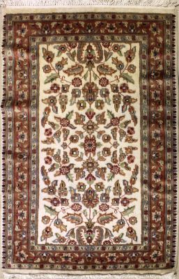2'6x3'11 Pak Persian Area Rug with Silk & Wool Pile - Floral Design | Hand-Knotted in Ivory