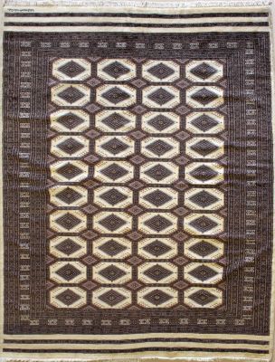 6'3x8'7 Bokhara Jaldar Area Rug with Wool Pile - Geometric Diamond Design | Hand-Knotted in White