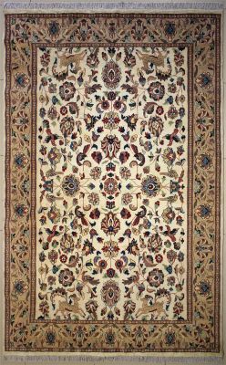 6'1x9'2 Pak Persian Area Rug with Silk & Wool Pile - Pictorial Hunting Shikargah Design | Hand-Knotted in Ivory