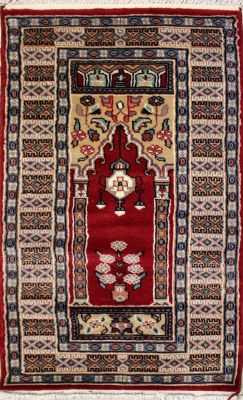 2'1x4'2 Bokhara Jaldar Area Rug with Wool Pile - Prayer Pictorial Design | Hand-Knotted in Red