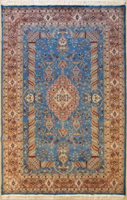 6'0x9'3 Pak Persian Area Rug with Silk & Wool Pile - Floral Medallion Design | Hand-Knotted in Greenish Blue