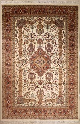 6'1x9'3 Pak Persian Area Rug with Silk & Wool Pile - Floral Medallion Design | Hand-Knotted in Ivory