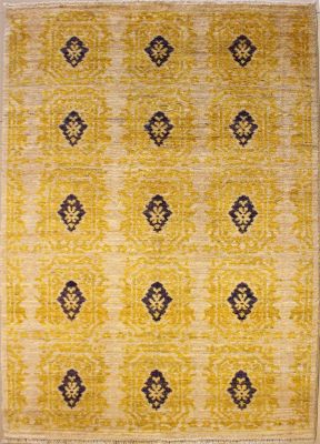 5'2x7'8 Chobi Ziegler Area Rug made using Vegetable dyes with Wool Pile - Geometric Design | Hand-Knotted in White