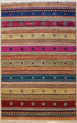 5'0x8'1 Gabbeh Area Rug made using Vegetable dyes with Wool Pile - Striped Design | Hand-Knotted Multicolored | 5x8 Double Knot Rug