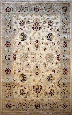 5'2x8'2 Chobi Ziegler Area Rug made using Vegetable dyes with Wool Pile - Floral Design | Hand-Knotted in White