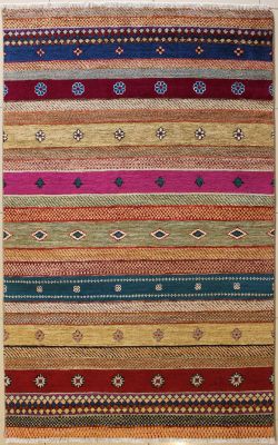 5'0x8'2 Gabbeh Area Rug made using Vegetable dyes with Wool Pile - Striped Design | Hand-Knotted Multicolored | 5x8 Double Knot Rug
