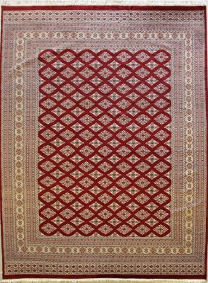 7'1x10'0 Bokhara Jaldar Area Rug with Silk & Wool Pile - Geometric Diamond Design | Hand-Knotted in Red