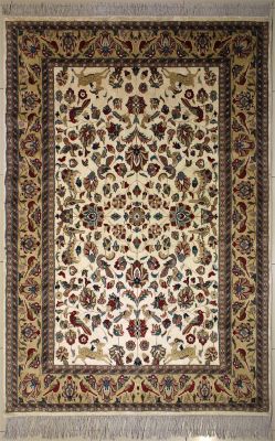 6'1x9'3 Pak Persian Area Rug with Silk & Wool Pile - Pictorial Hunting Shikargah Design | Hand-Knotted in Ivory