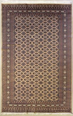 6'1x8'11 Bokhara Jaldar Area Rug with Silk & Wool Pile - Geometric Design | Hand-Knotted in Beige