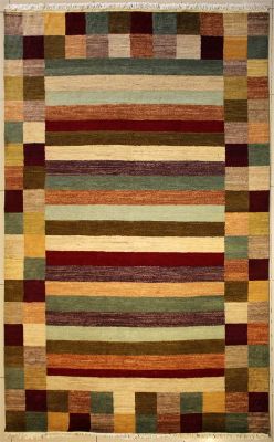 5'11x9'0 Gabbeh Area Rug made using Vegetable dyes with Wool Pile - Striped Design | Hand-Knotted Multicolored | 6x9 Double Knot Rug