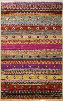 5'0x8'3 Gabbeh Area Rug made using Vegetable dyes with Wool Pile - Striped Design | Hand-Knotted Multicolored | 5x8 Double Knot Rug