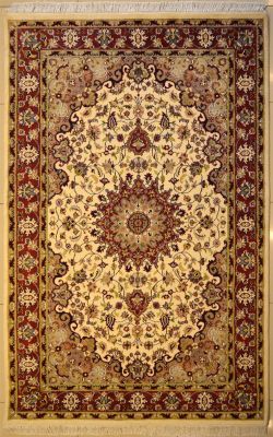 5'1x8'2 Pak Persian High Quality Area Rug with Silk & Wool Pile - Floral Medallion Design | Hand-Knotted in White